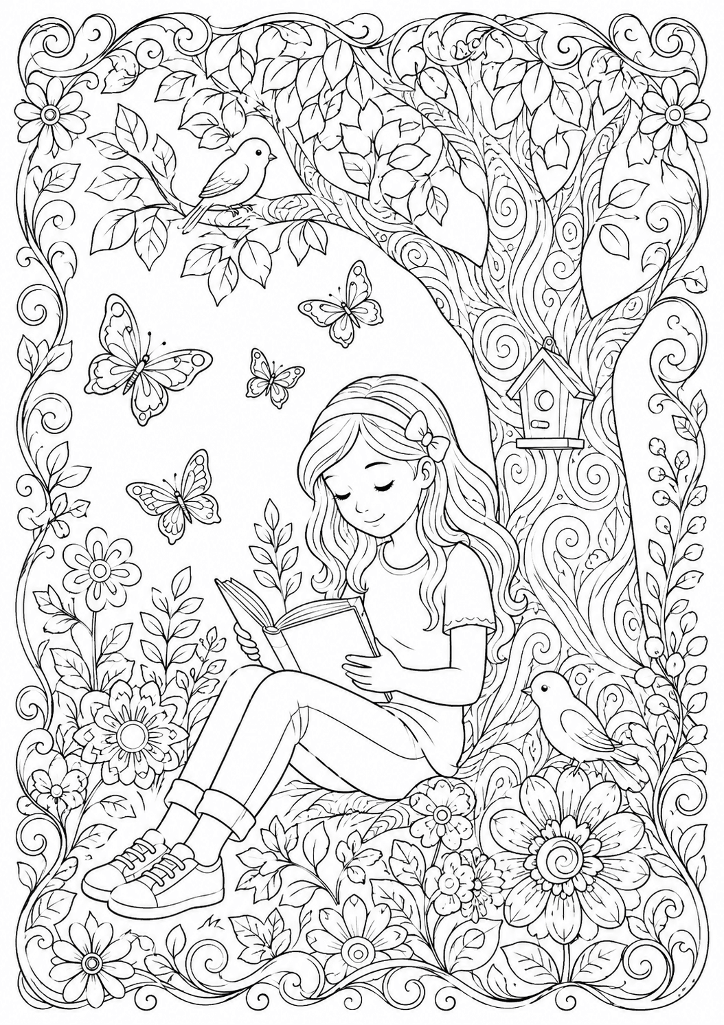 A detailed coloring page showing a girl reading under a tree with intricate floral patterns — suitable for ages 9 to 12