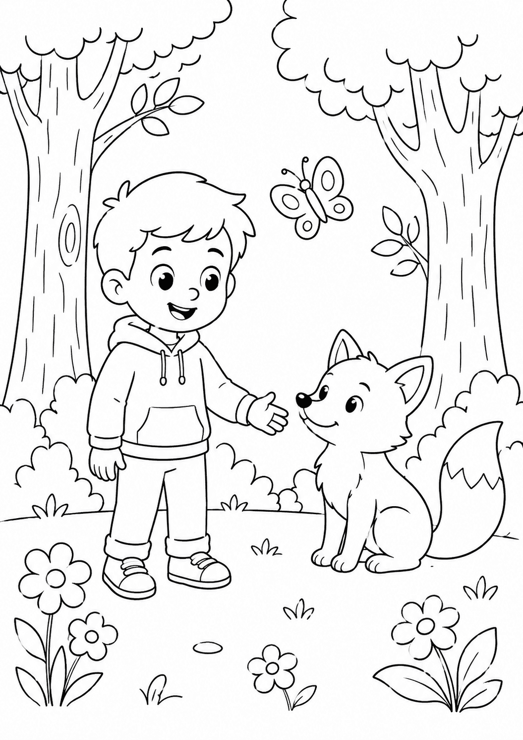 A medium-detail coloring page showing a child and fox in a forest — suitable for ages 6 to 8
