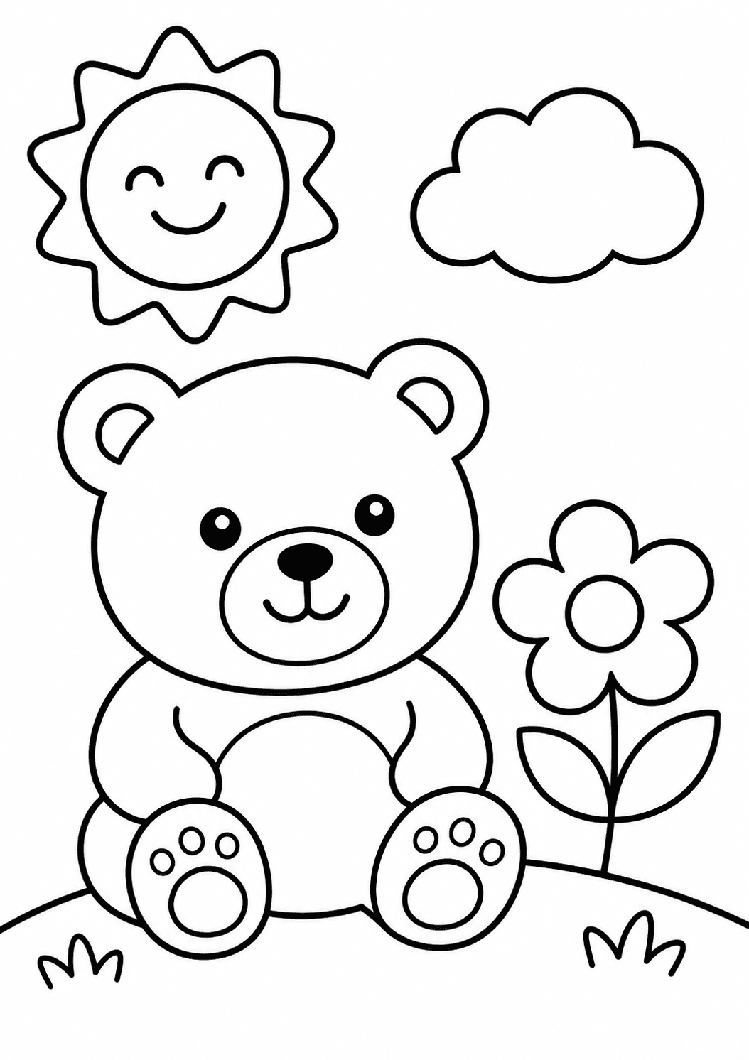 A simple coloring page with thick outlines showing a bear, sun, flower, and cloud — suitable for ages 3 to 5
