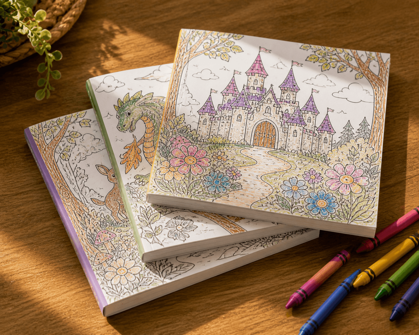Three Fabelyn coloring books stacked on a wooden surface with crayons beside them
