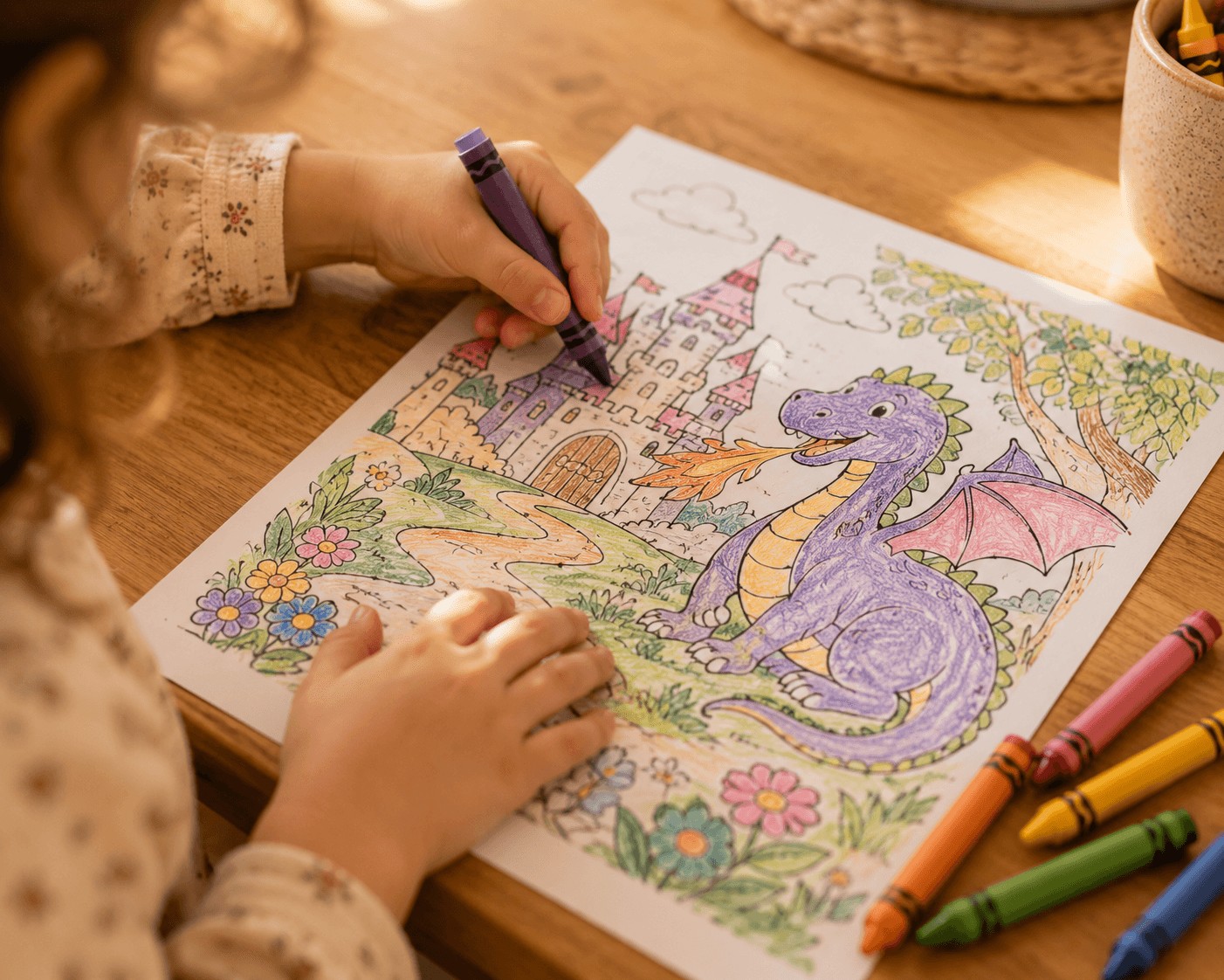 Close-up of a child's hands coloring a dragon page with a purple crayon, crayons scattered nearby