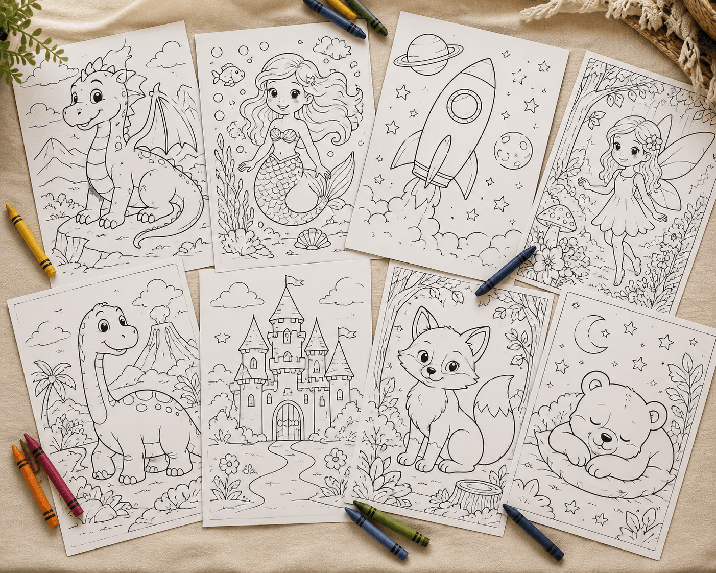 Eight different Fabelyn coloring book pages spread on a cream surface showing dragons, mermaids, space and forest themes