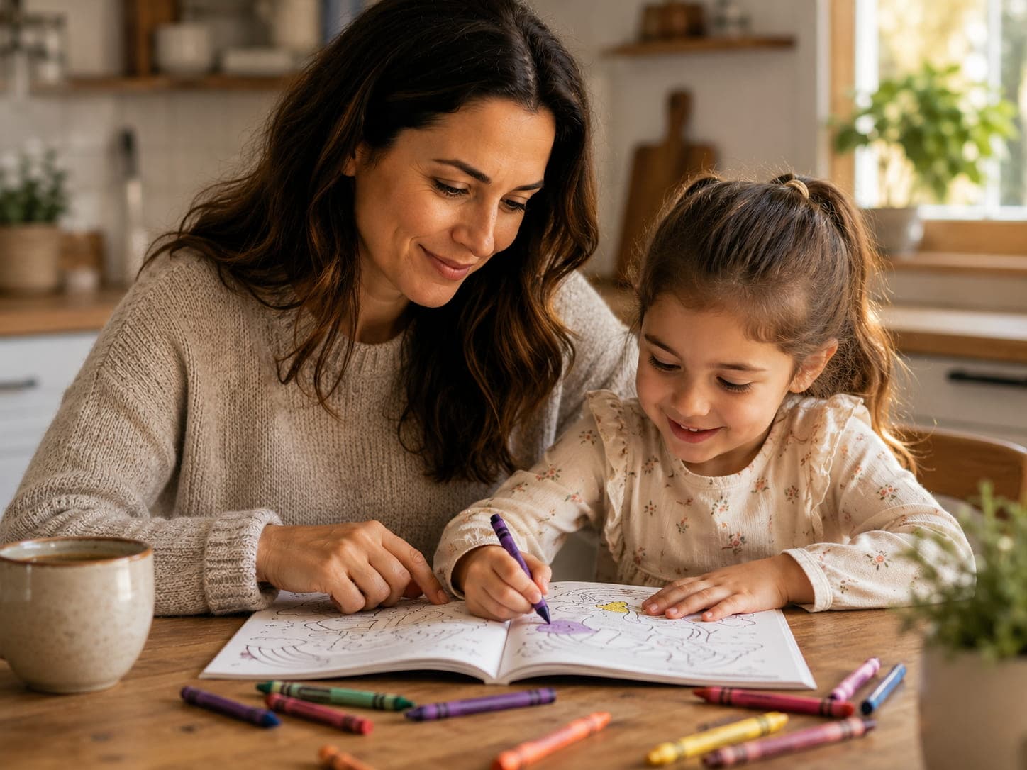 A mother and daughter coloring together at a kitchen table