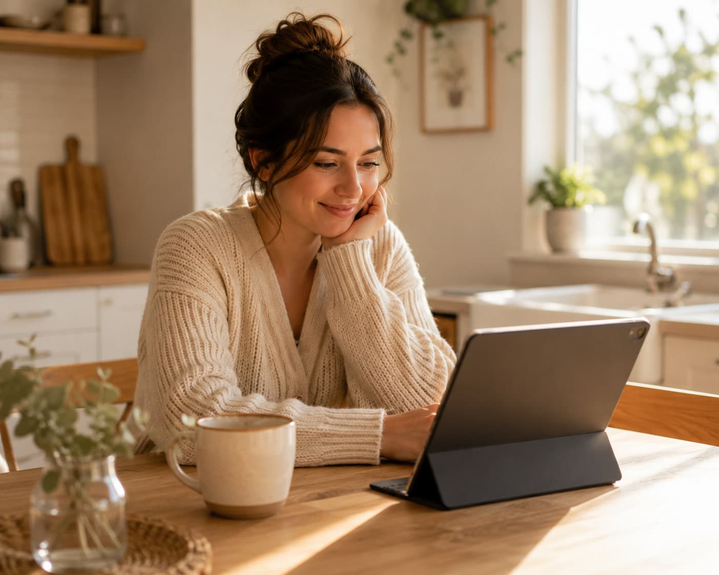 A mother reviewing coloring book pages on a laptop at a warm kitchen table with a coffee mug nearby
