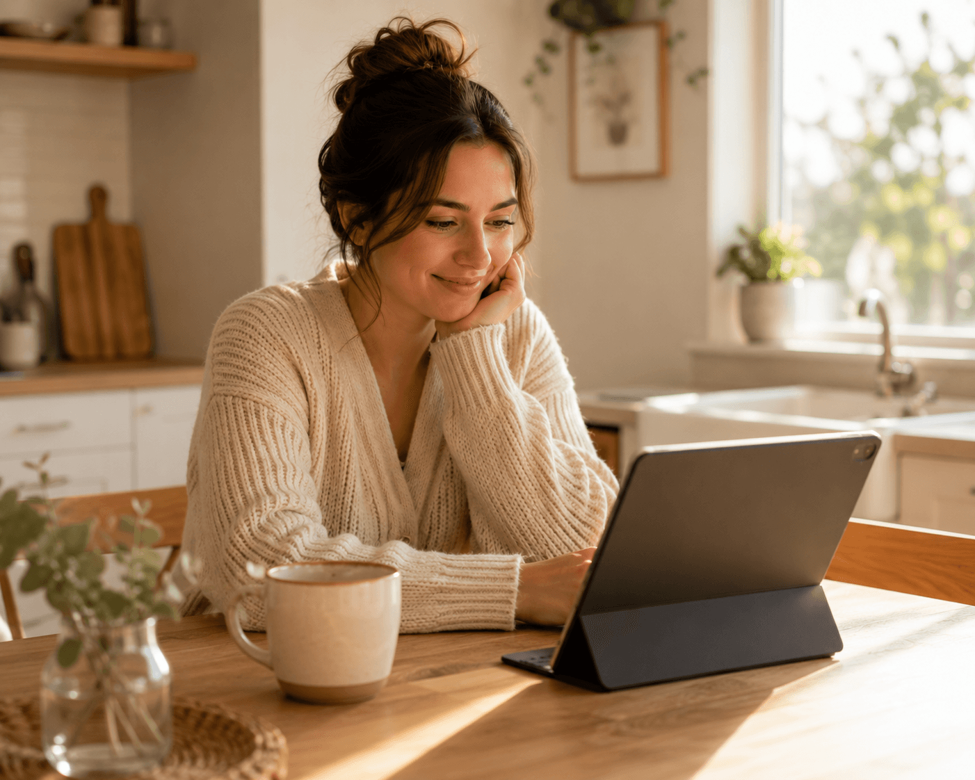 A mother reviewing coloring book pages on a laptop at a warm kitchen table with a coffee mug nearby