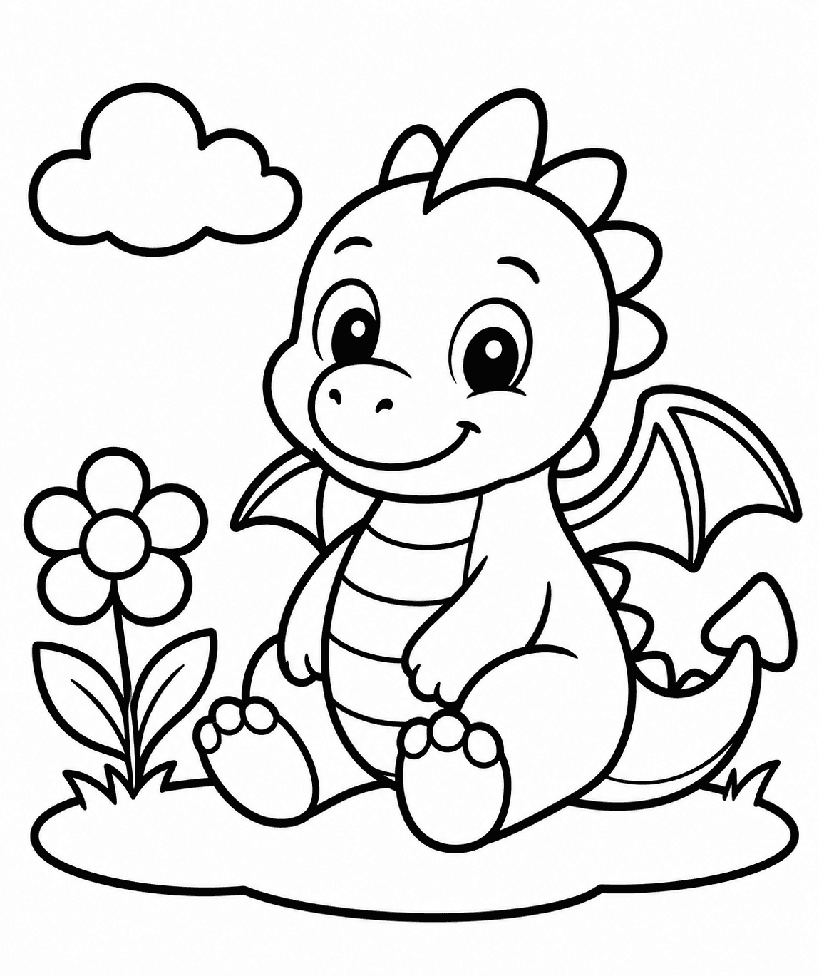 Dragon coloring page for ages 3–5 with thick bold outlines