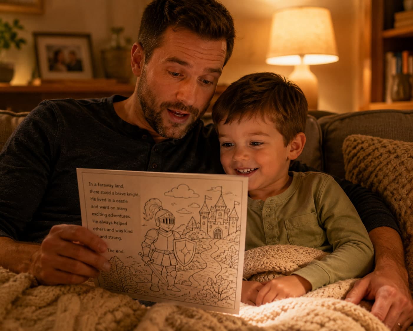 A father reading the story text from a coloring book page aloud to a young child beside him on a cozy couch
