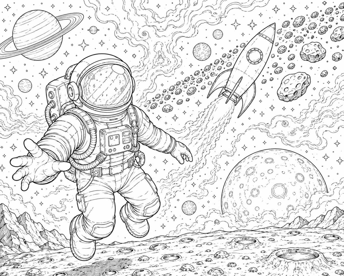 Space coloring page sample for Ages 9–12