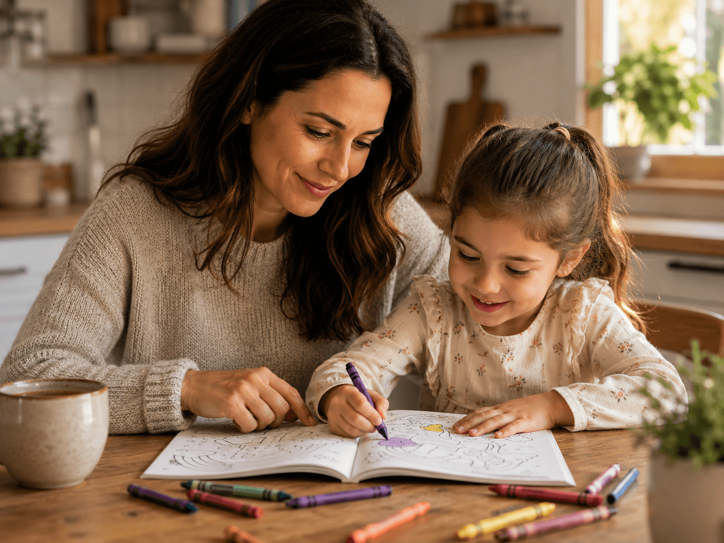 A mother and daughter coloring together at a warm kitchen table